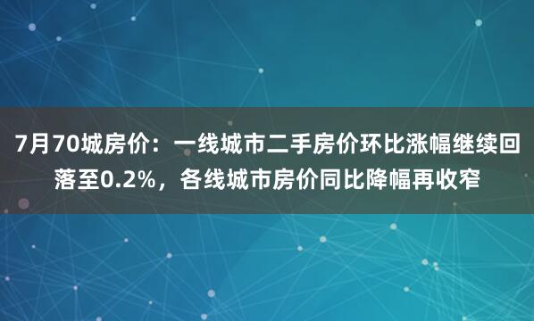 7月70城房价：一线城市二手房价环比涨幅继续回落至0.2%，各线城市房价同比降幅再收窄