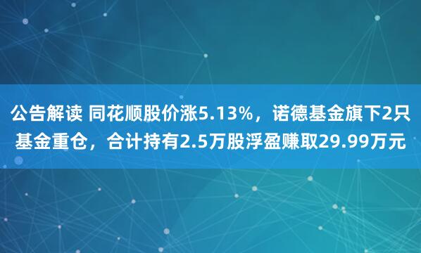 公告解读 同花顺股价涨5.13%，诺德基金旗下2只基金重仓，合计持有2.5万股浮盈赚取29.99万元